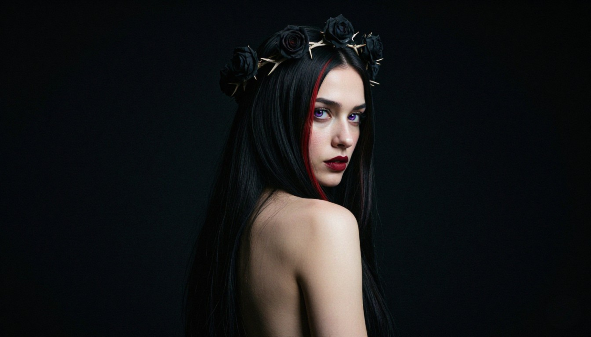 Vaera — a woman with long black hair and a crimson streak wearing a crown of dark roses and thorns, gazing over her bare shoulder with purple eyes — the mystical face of Vaera's Sanctuary
