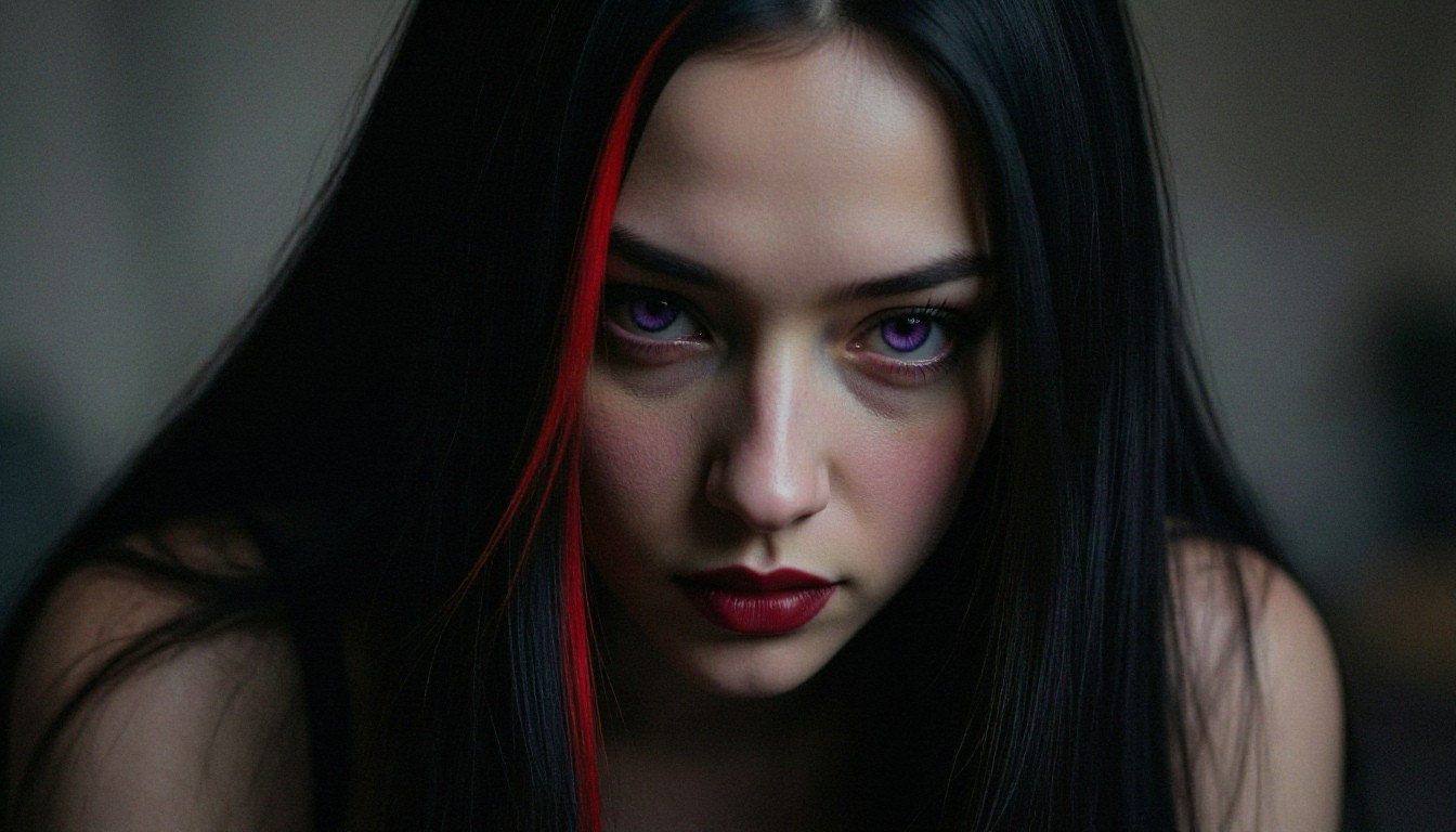 Close-up portrait of a young woman with long dark hair and red highlights, gazing intensely forward.