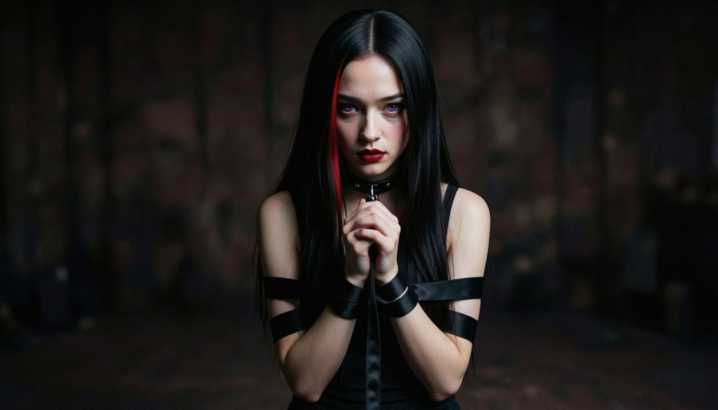 Portrait of a woman with long dark hair and red highlights kneeling with bound hands, wearing black clothing.