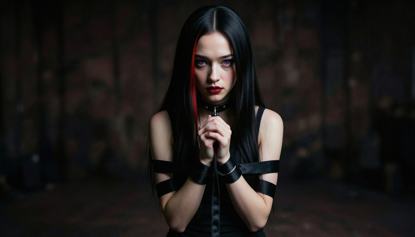 Portrait of a woman with long dark hair and red highlights kneeling with bound hands, wearing black clothing.